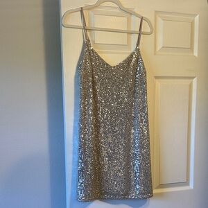 Silver and Cream Sequin Spaghetti Strap Slip Dress
